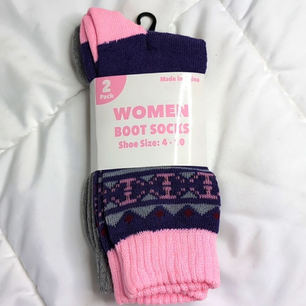 Women's Boot Socks, 2 Pairs Pink Purple Gray, NEW sizes 4-10.